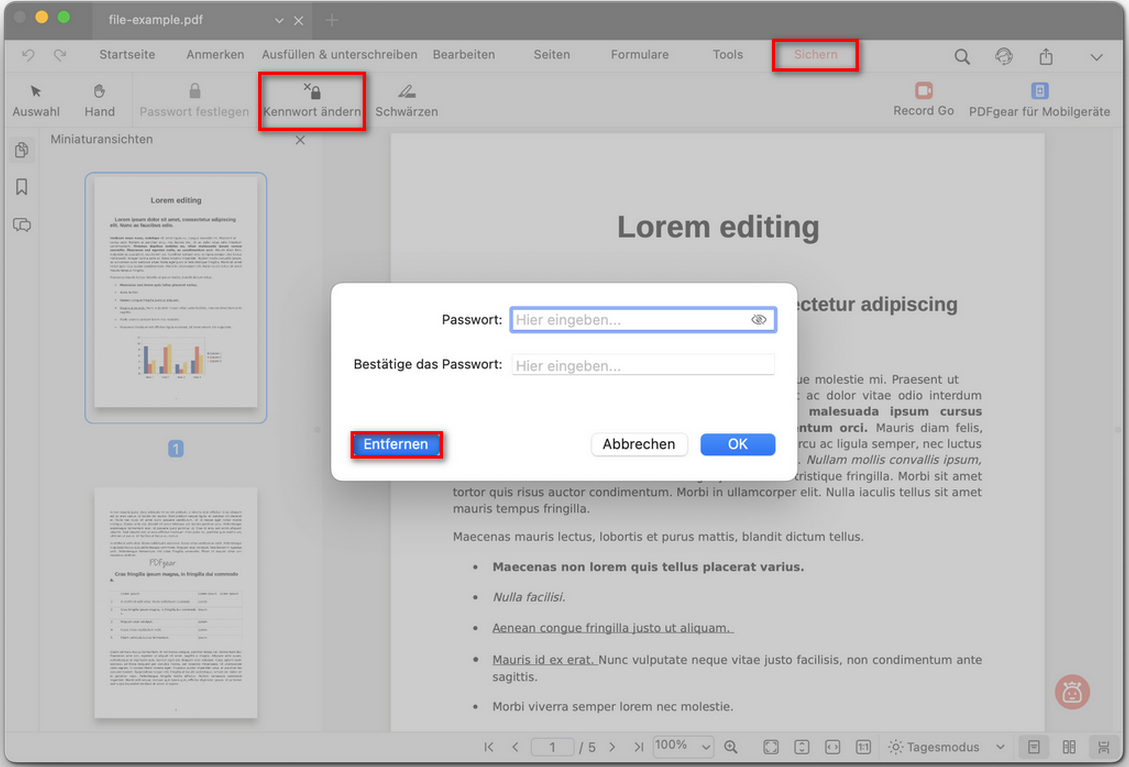 PDF-Passwort in PDFgear entfernen