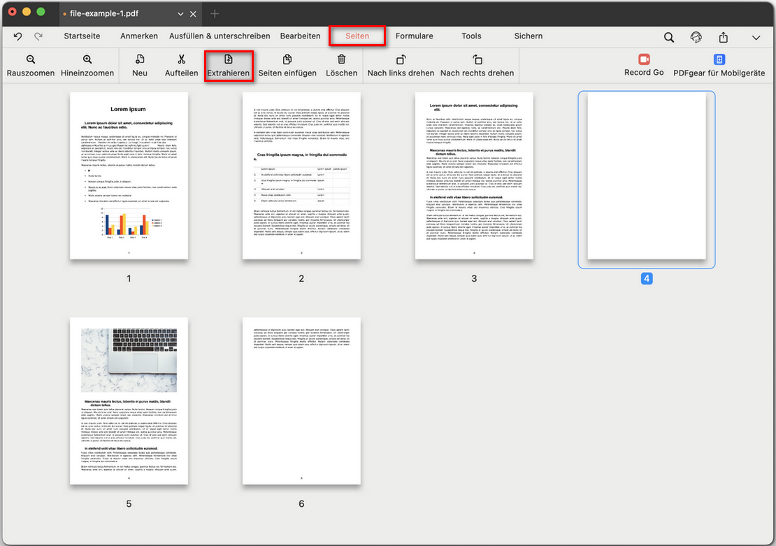 PDF-Seiten zum Extrahieren auswählen