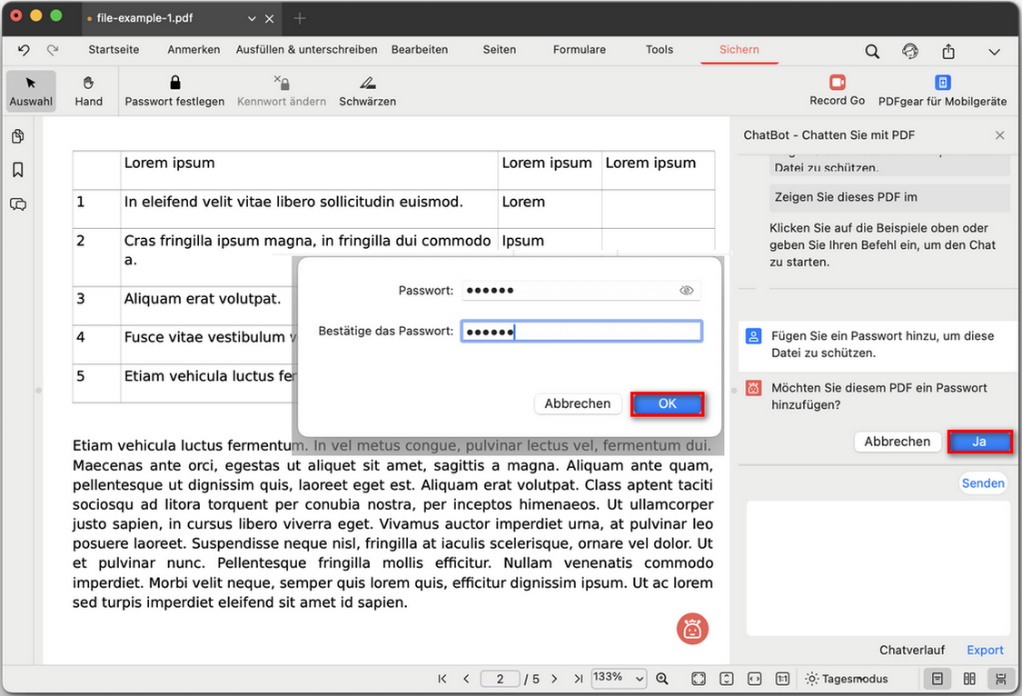 PDFgear auffordern, ein Passwort zu einer PDF hinzuzufügen