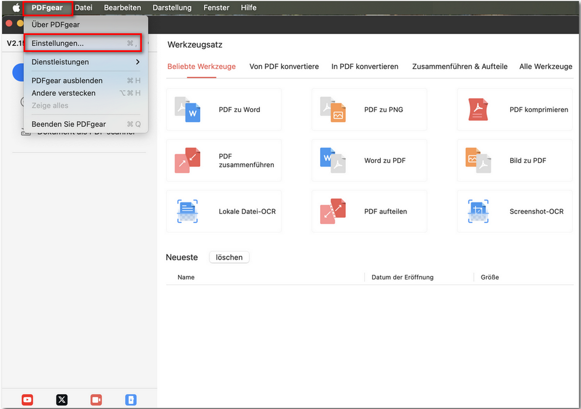 PDFgear-Einstellungen öffnen