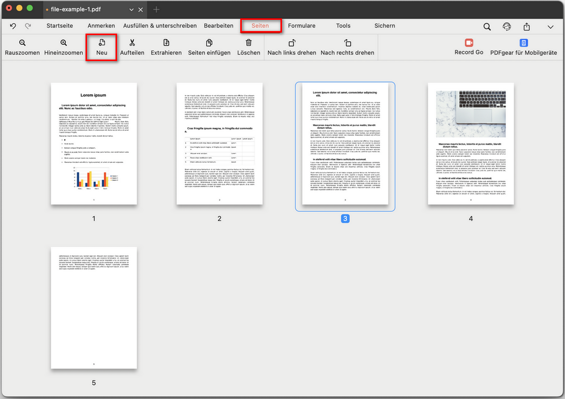 Position zum Einfügen einer leeren PDF-Seite auswählen