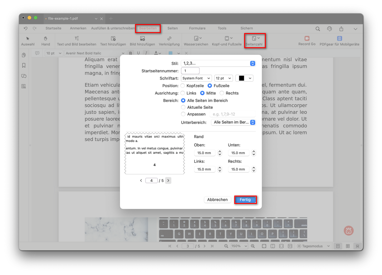 Seitenzahlen anpassen
