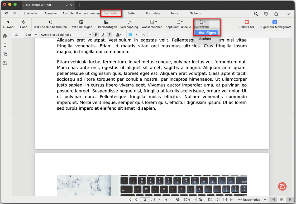 Seitenzahlen hinzufügen auswählen
