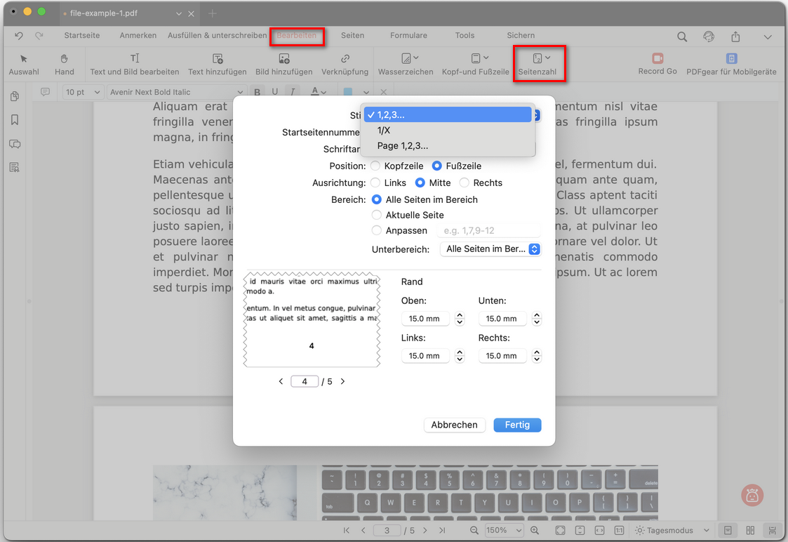 Seitenzahlen in PDF bearbeiten