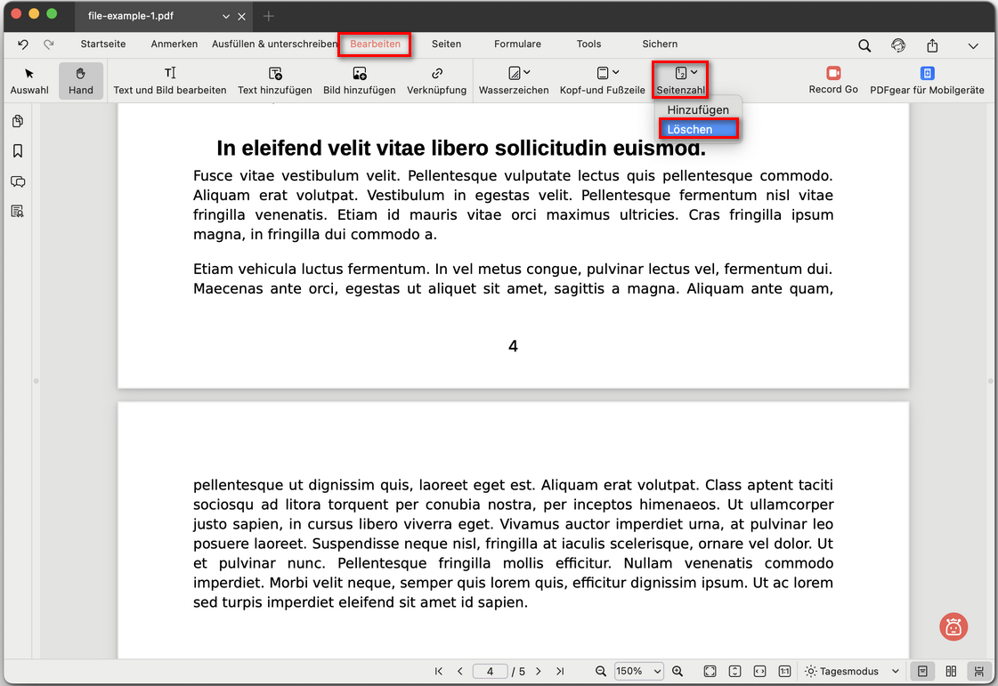 Seitenzahlen in PDF löschen