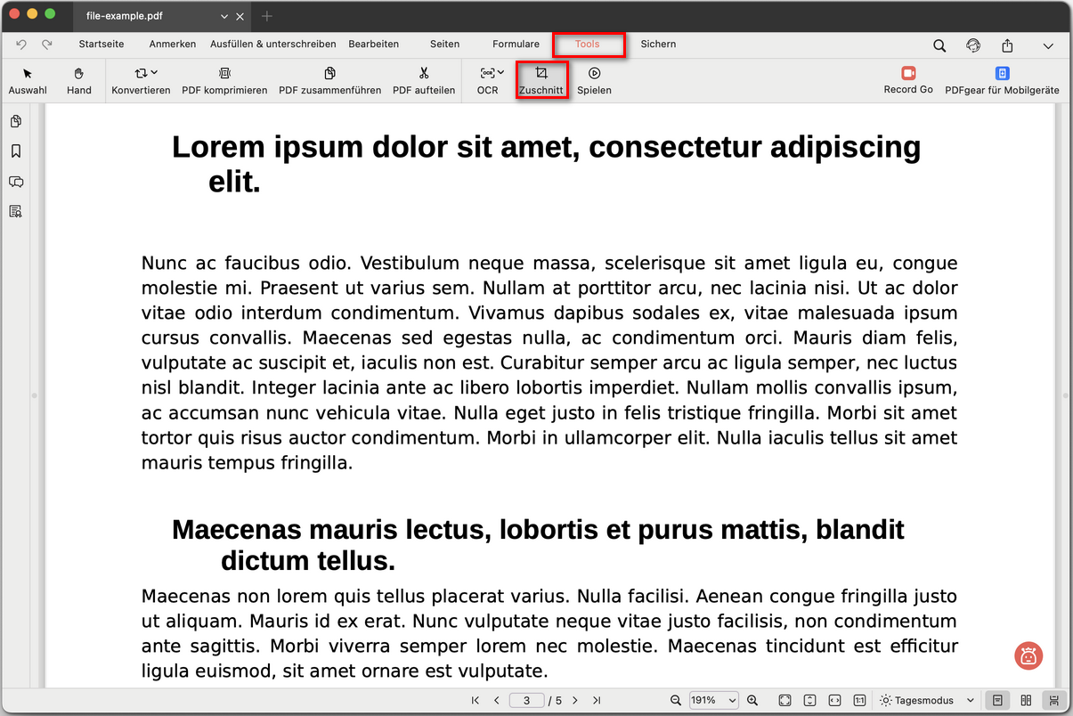 Seitenzuschneidewerkzeug öffnen