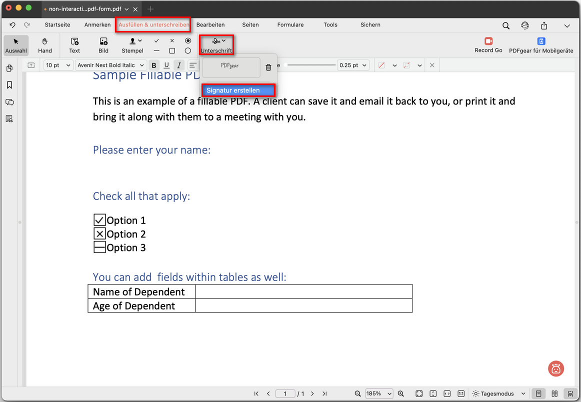 Unterschrift erstellen auswählen