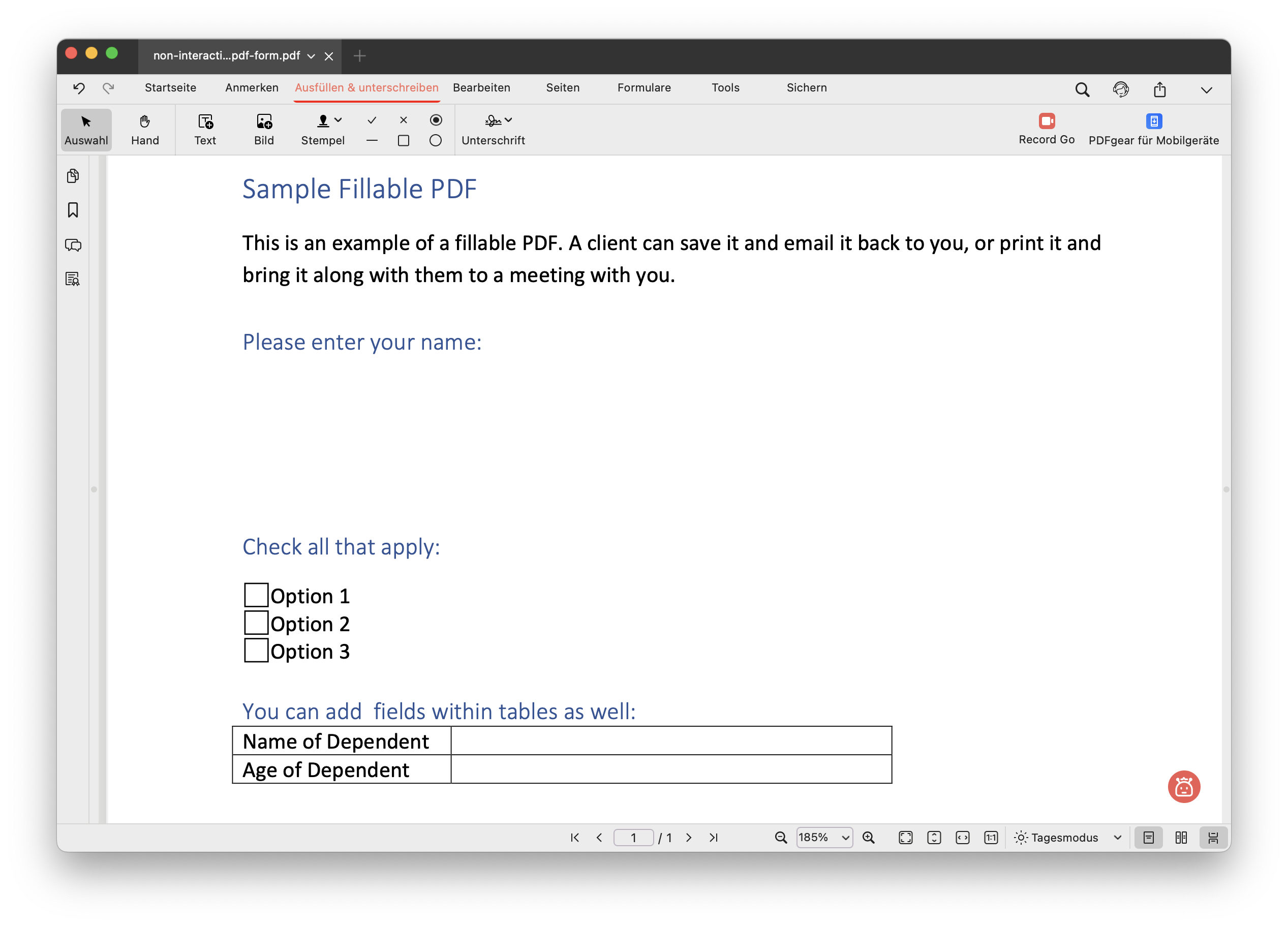 Zur Registerkarte Ausfüllen und Signieren wechseln