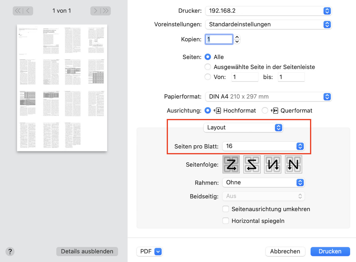 Seiten pro Blatt auf Mac anpassen