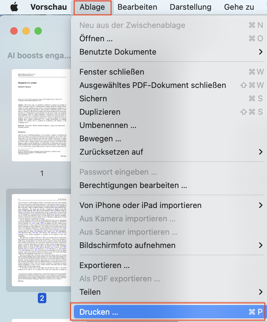 Ausgewählte Seiten drucken