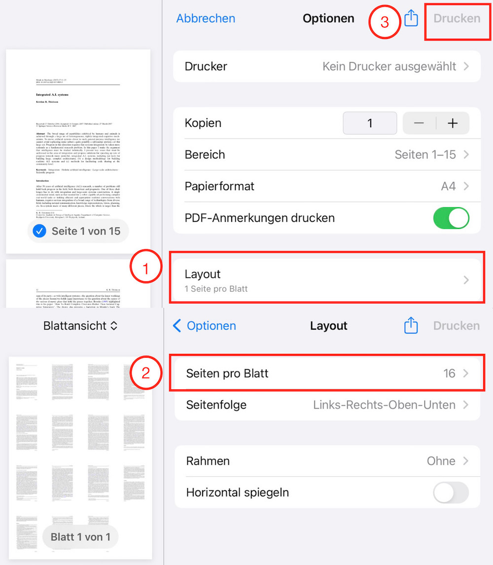 Seiten pro Blatt auf iPhone anpassen