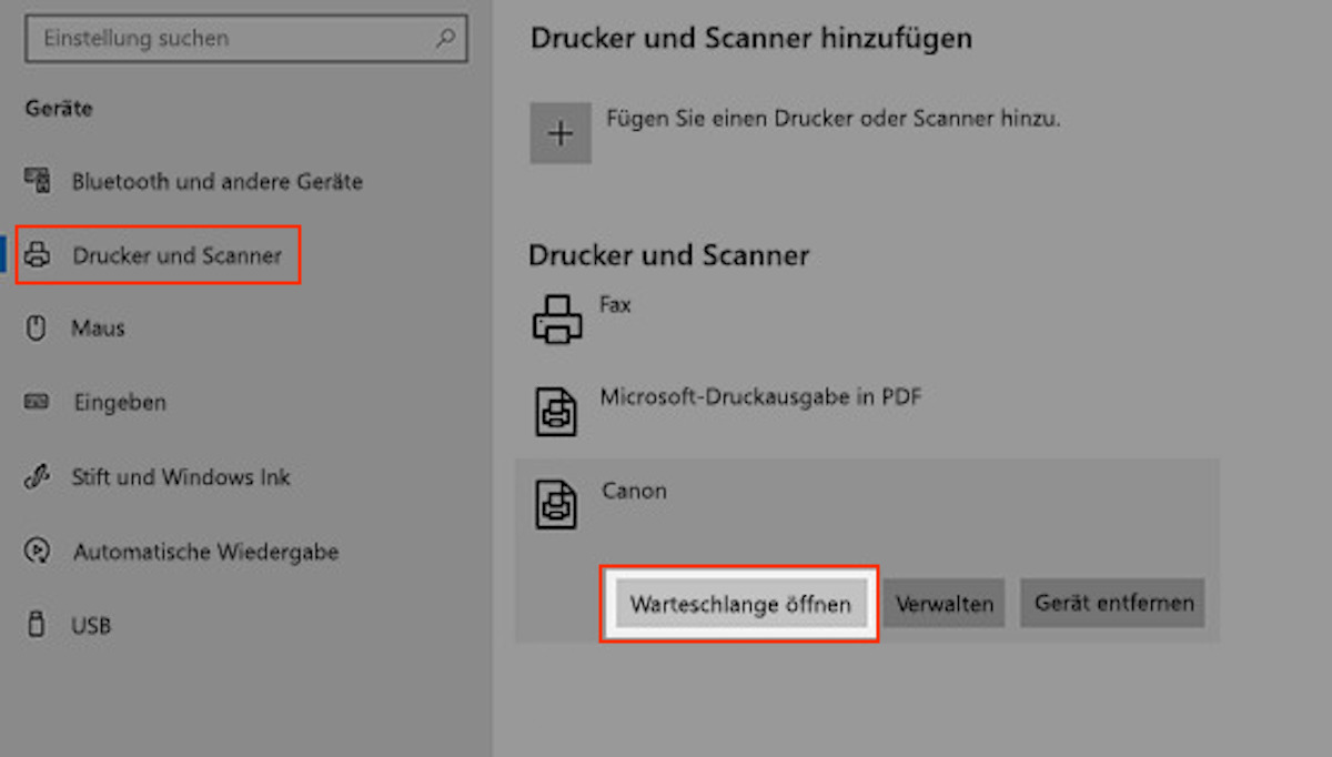 Warteschlange in den Windows-Einstellungen öffnen