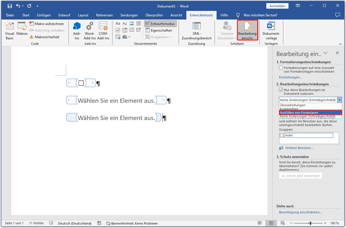 Bearbeitung in Word einschränken