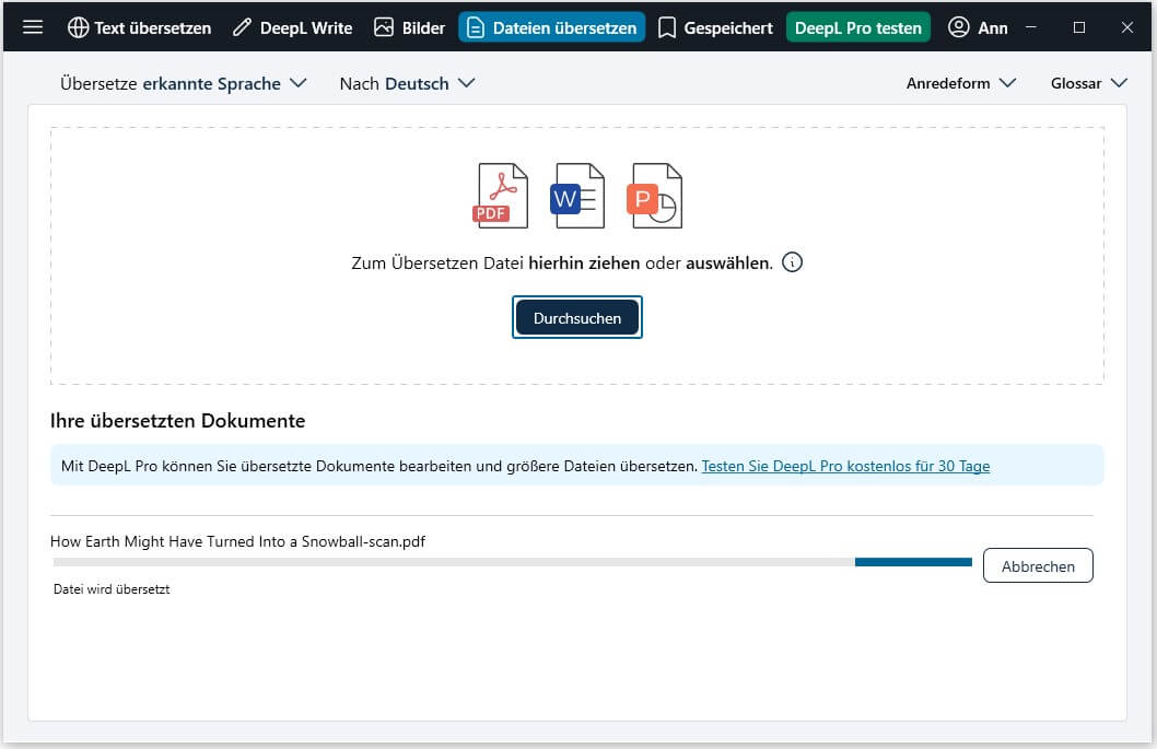 DeepL übersetzt die hochgeladene Datei