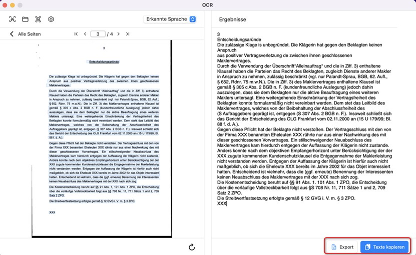 Den extrahierten Text aus dem gescannten PDF kopieren