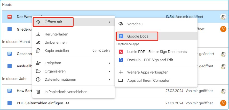 Die hochgeladene PDF-Datei mit Google Docs öffnen