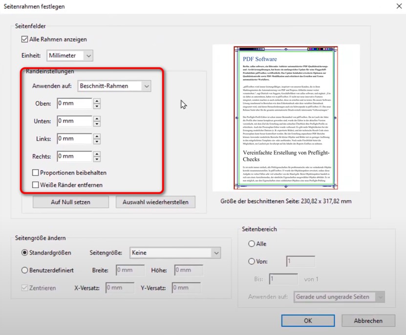 Die Seitenränder des PDFs anpassen