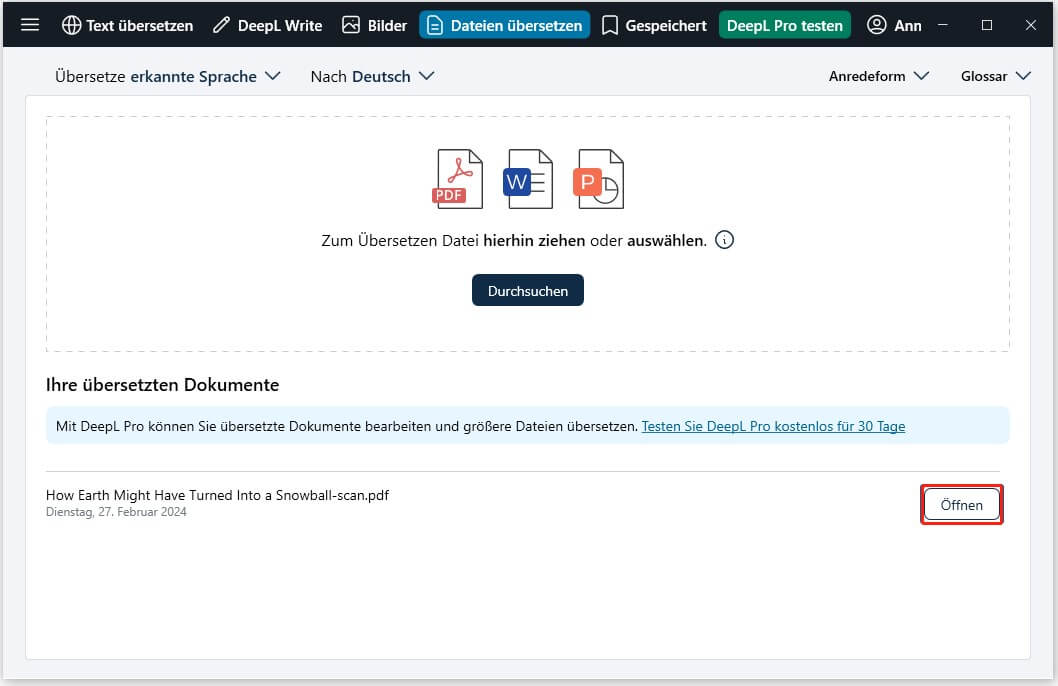Die übersetzte Datei öffnen