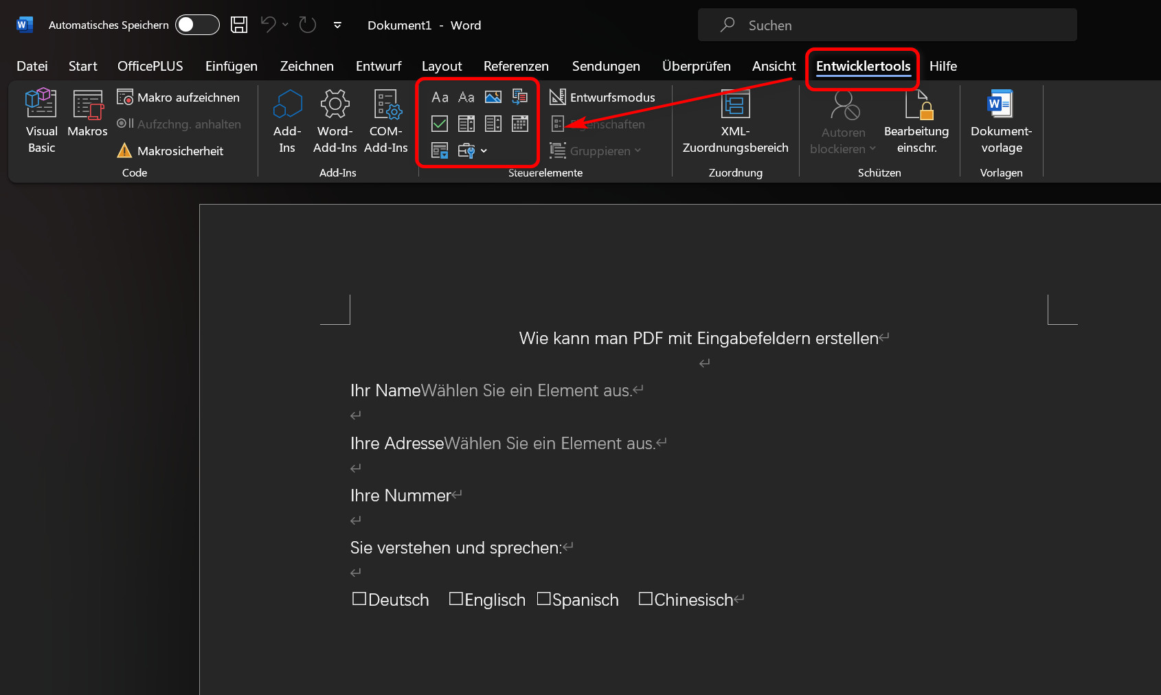 Eingabefelder im Word einfügen