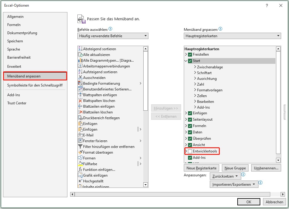 Entwicklertools in Excel aktivieren