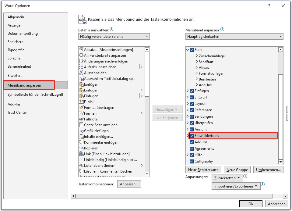 Entwicklertools in Word aktivieren