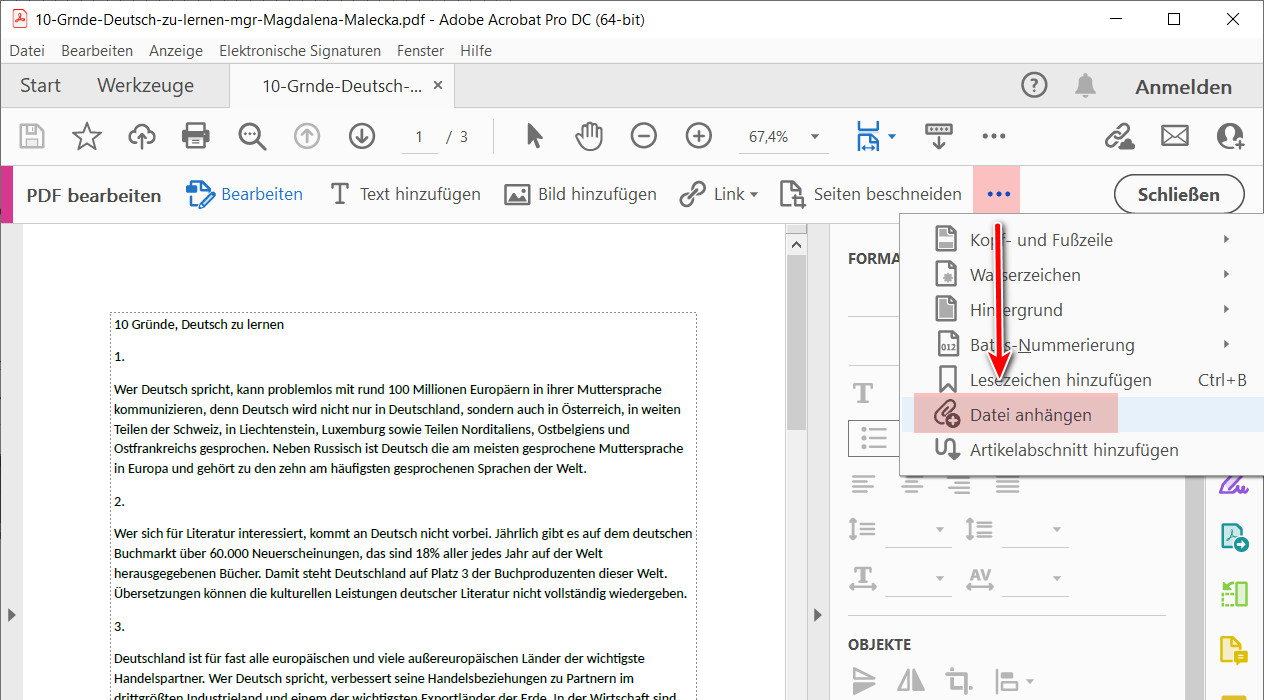 Excel als Anhang in PDF einfügen