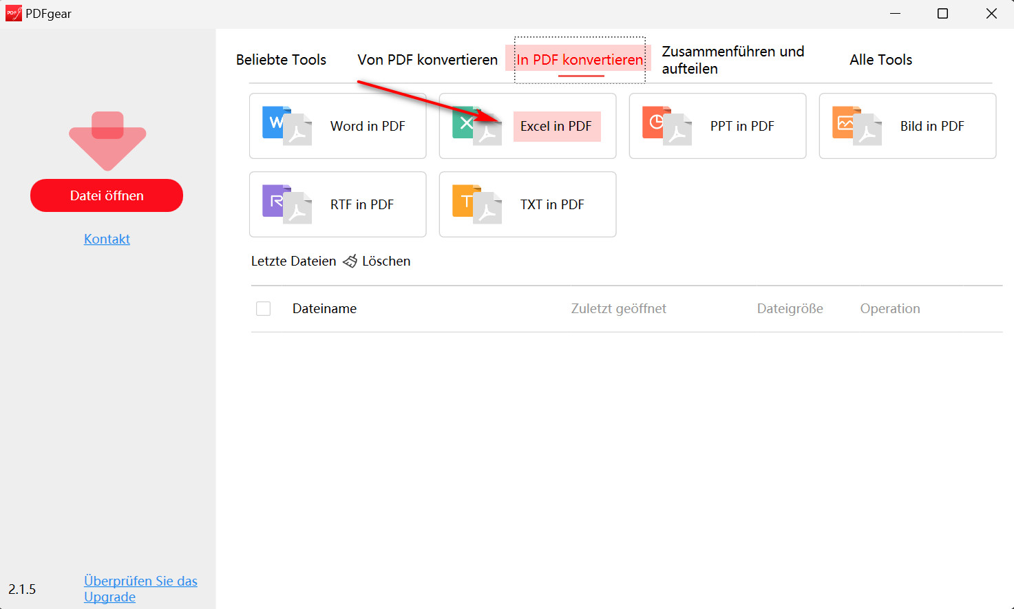 Excel-Datei mit PDFgear öffnen