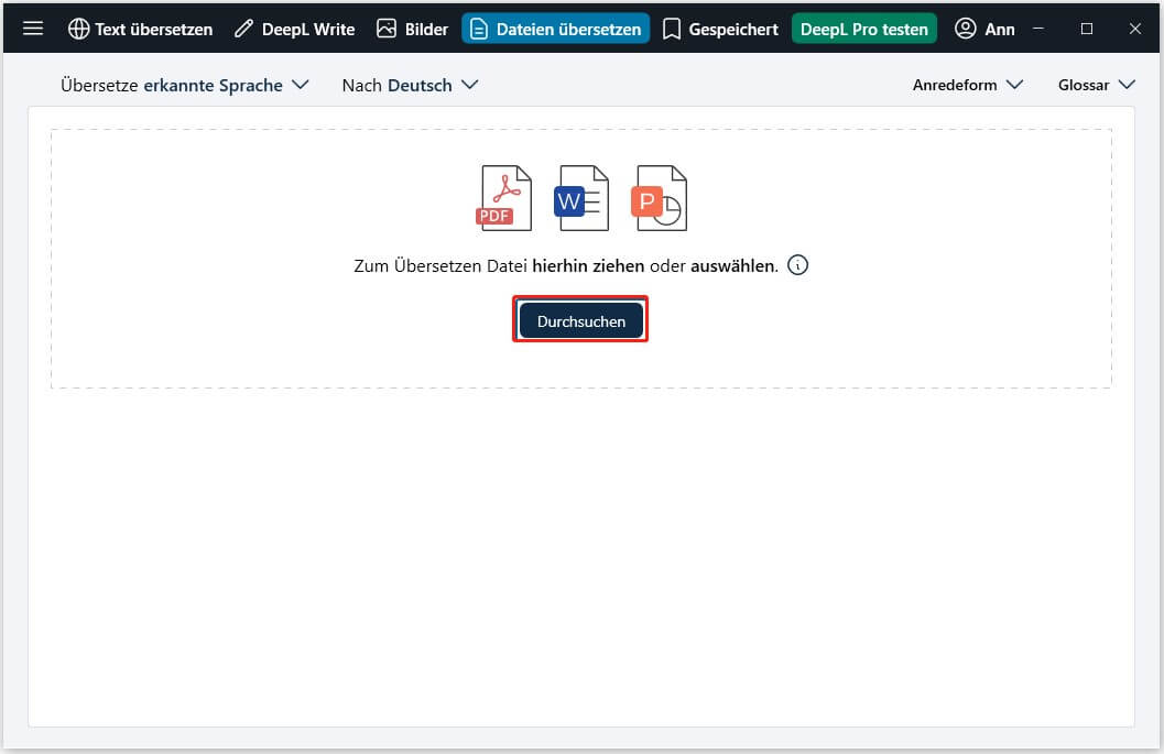 Gescannte PDF mit DeepL öffnen