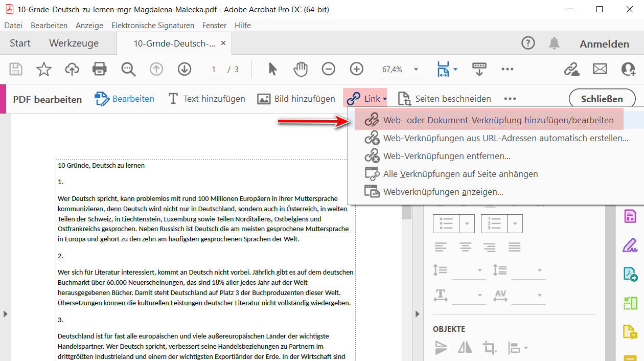 Hyperlink der Excel-Datei hinzufügen