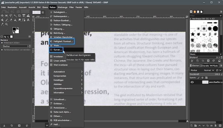 Kontrastoptionen in GIMP
