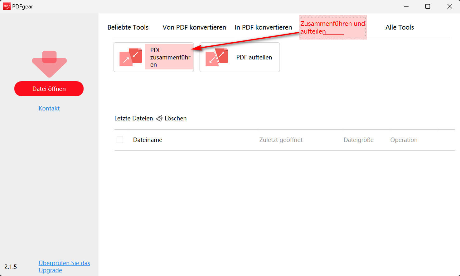 Mehrere PDFs mit PDFgear zusammenführen