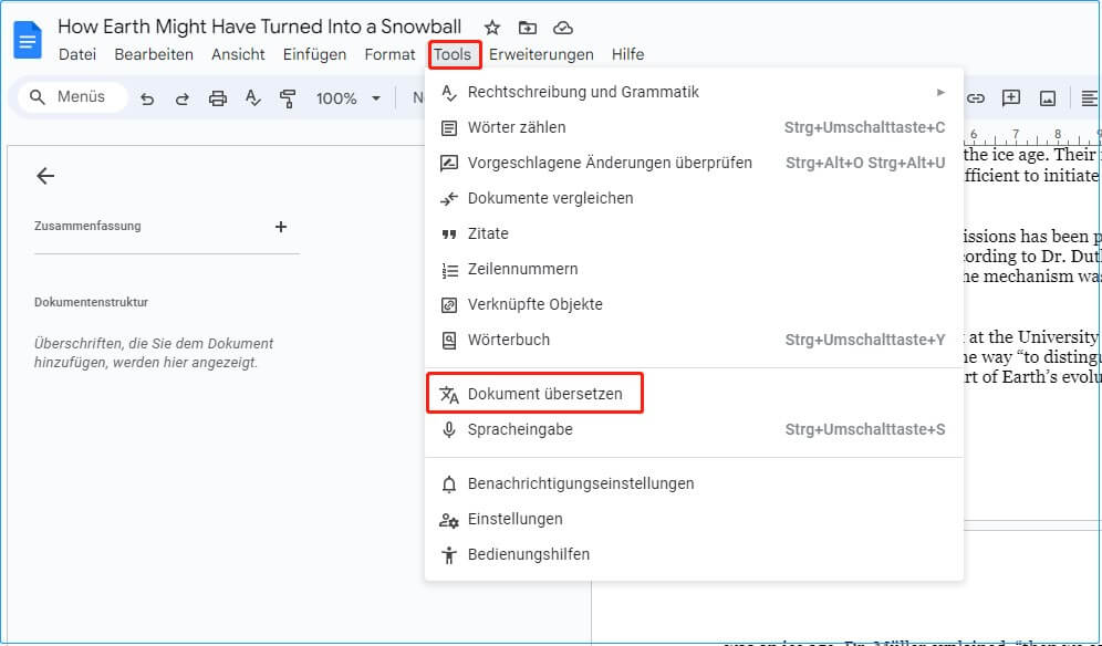 Mit Google Docs Dokument übersetzen