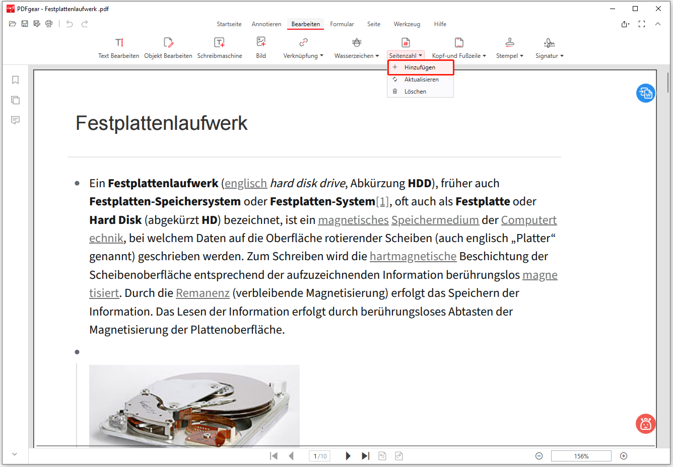 Mit PDFgear Seitenzahl hinzufügen