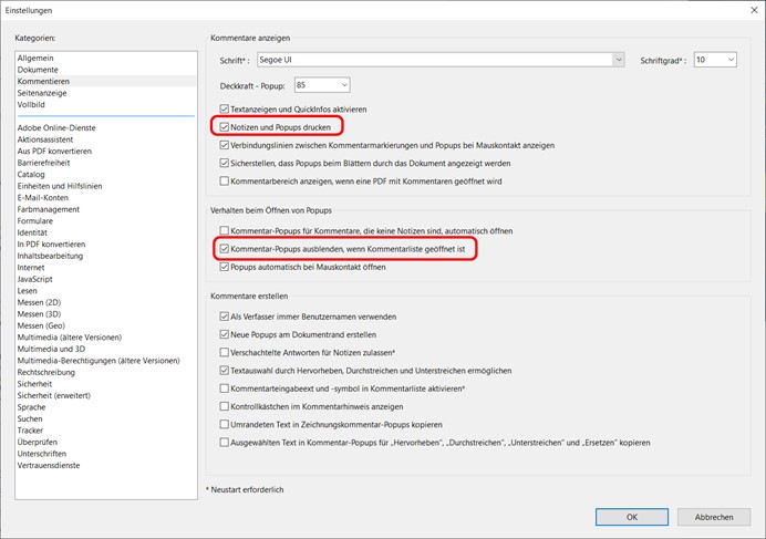 Kommentar-Einstellungen in Adobe Acrobat