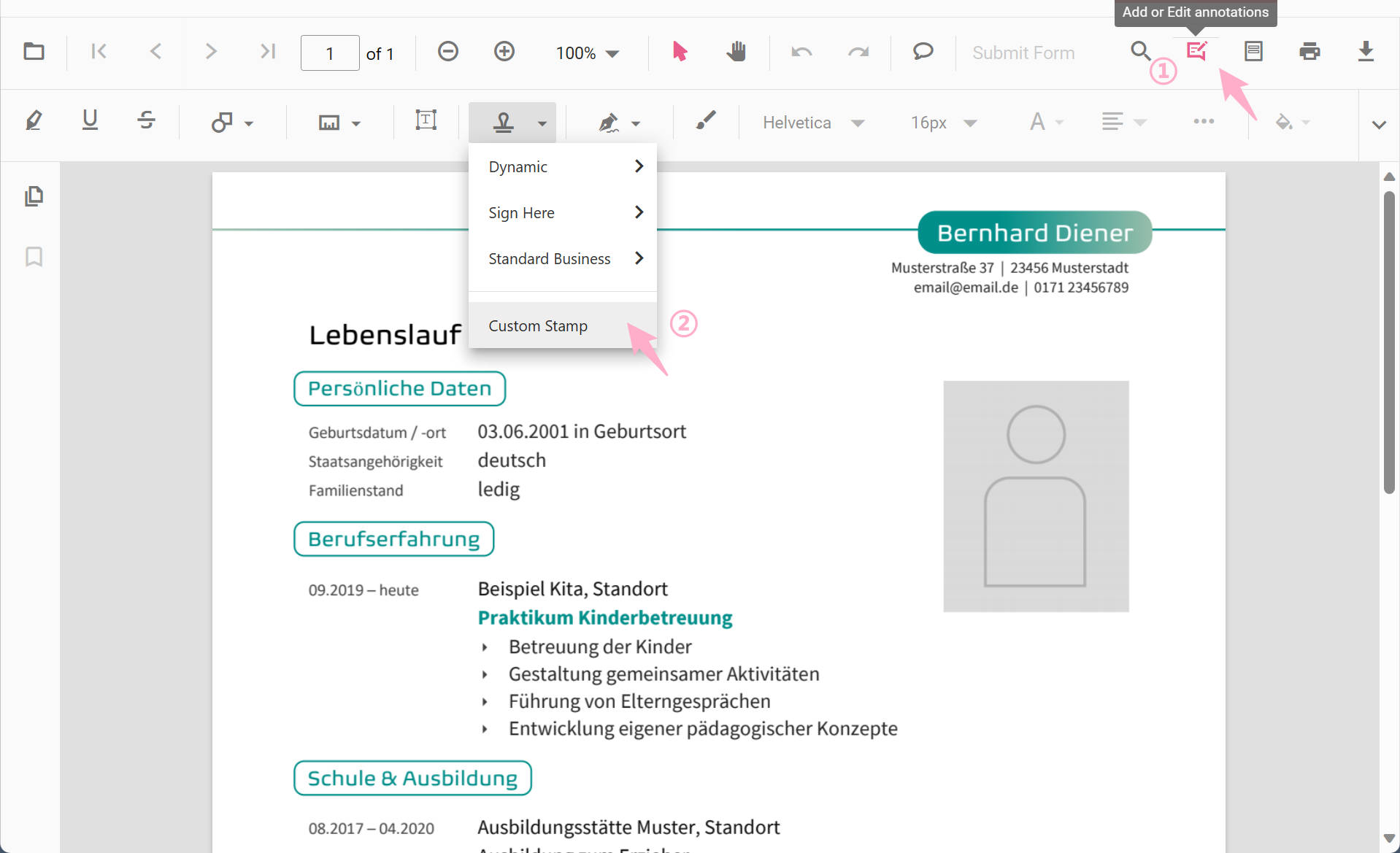 "Custom Stamp" wählen, um PDF Bilder online hinzuzufügen