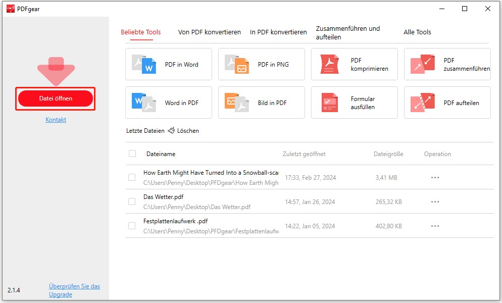 PDF-Datei zum PDFgear hinzufügen und sie öffnen