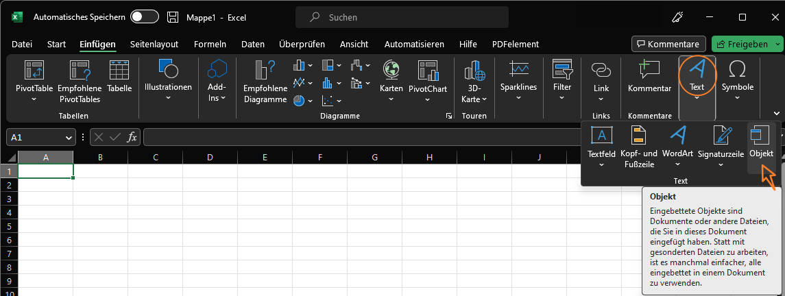 pdf in excel als objekt einfügen