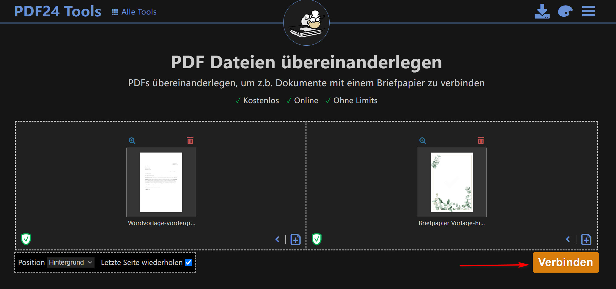 PDFs mit PDF24 übereinanderlegen