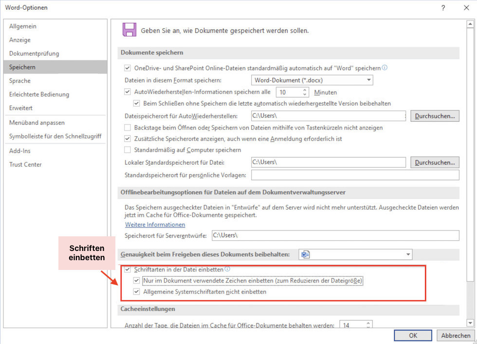 Schriften in die Datei einbetten