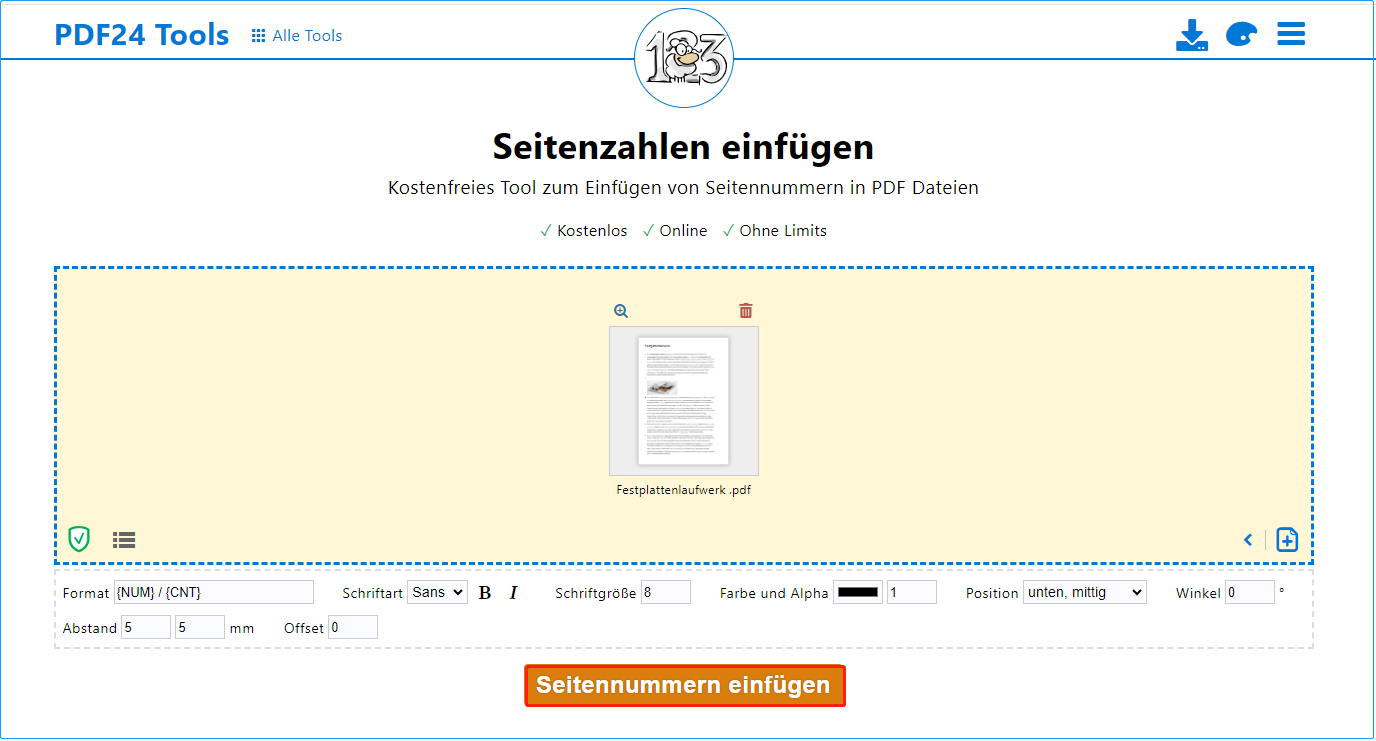 Seitenzahlen einfügen mit PDF24