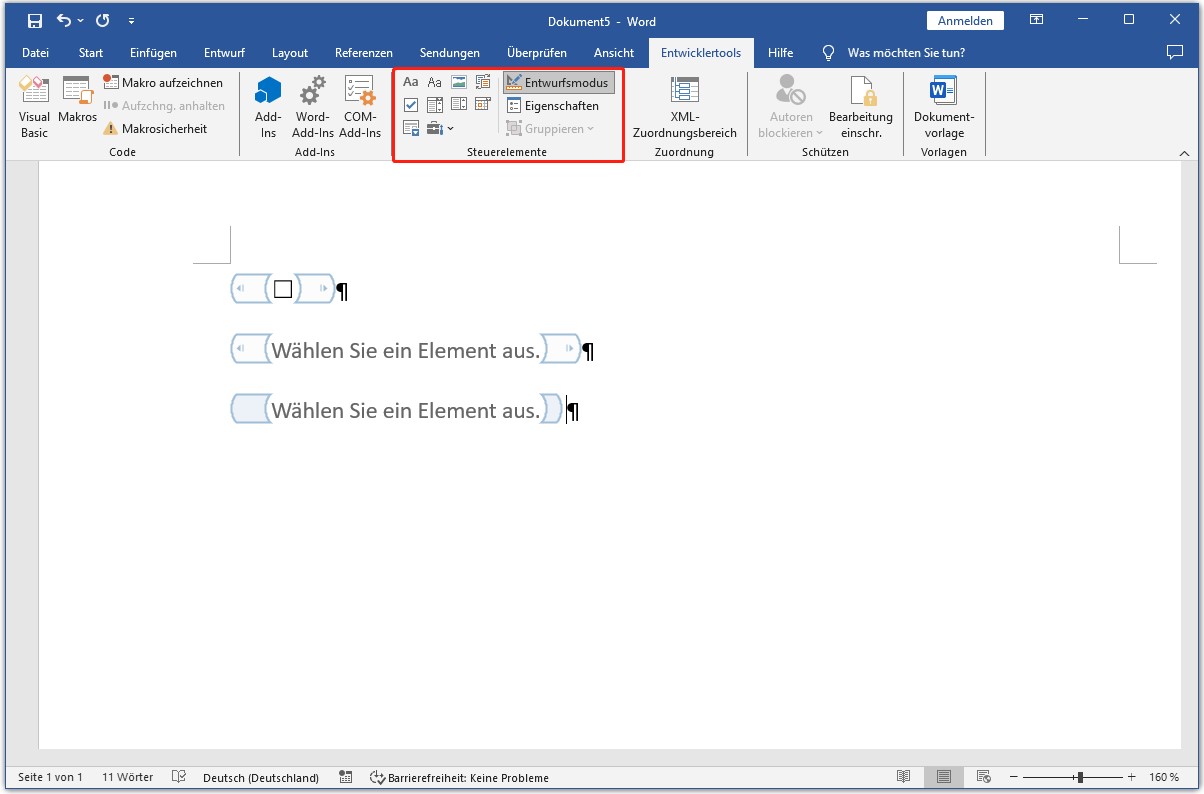 Steuerelemente in Word einstellen