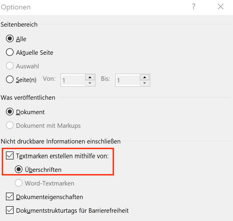 Textmarken von Überschriften erstellen
