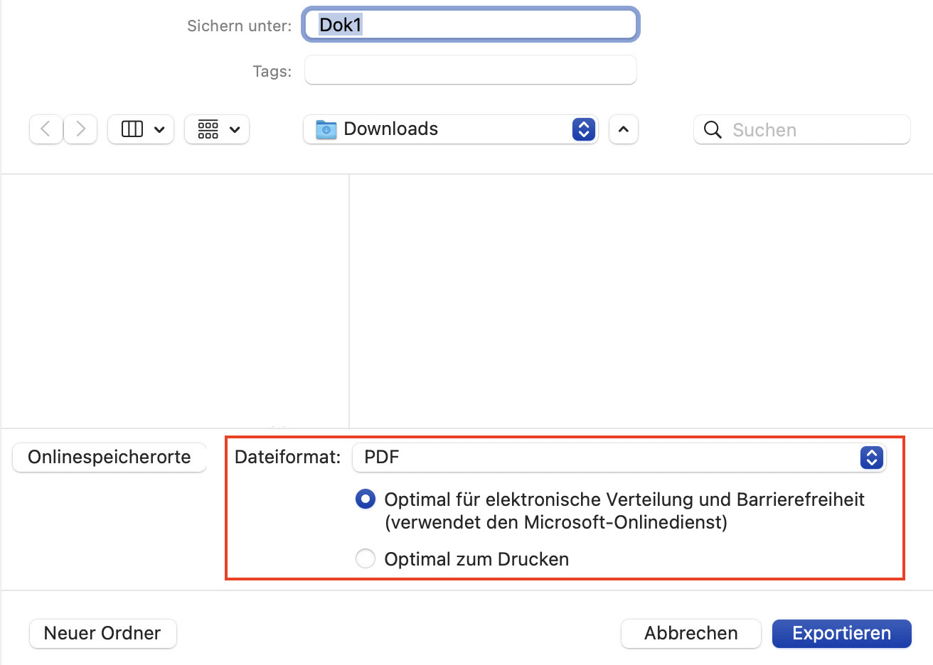 Zwei Optionen beim Speichern als PDF