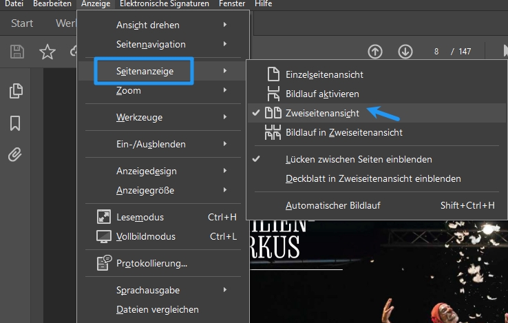 Zweiseitenansicht bei pdf präsentation einstellen
