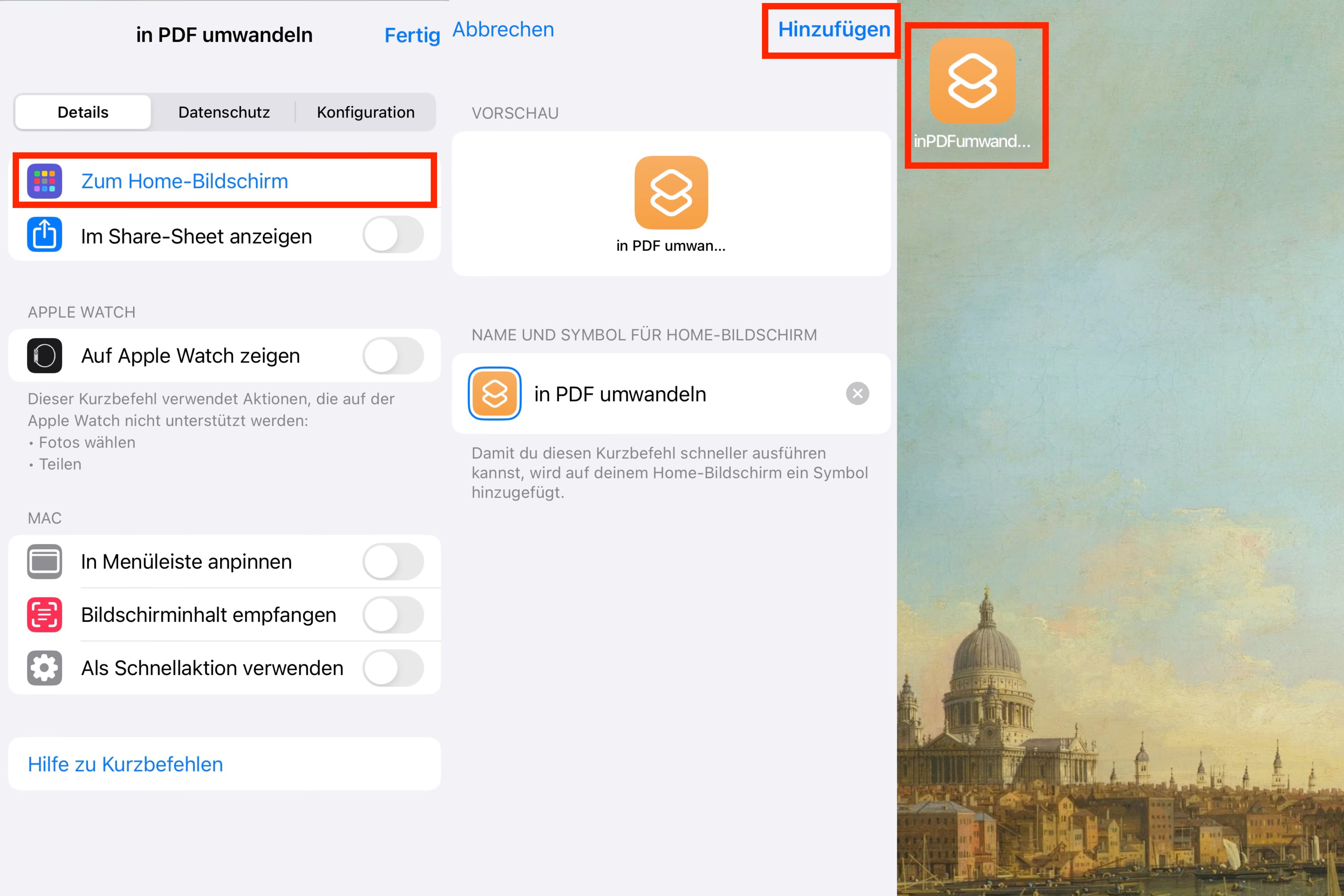 Erstellter Kurzbefehl zum Bildschirm hinzufügen