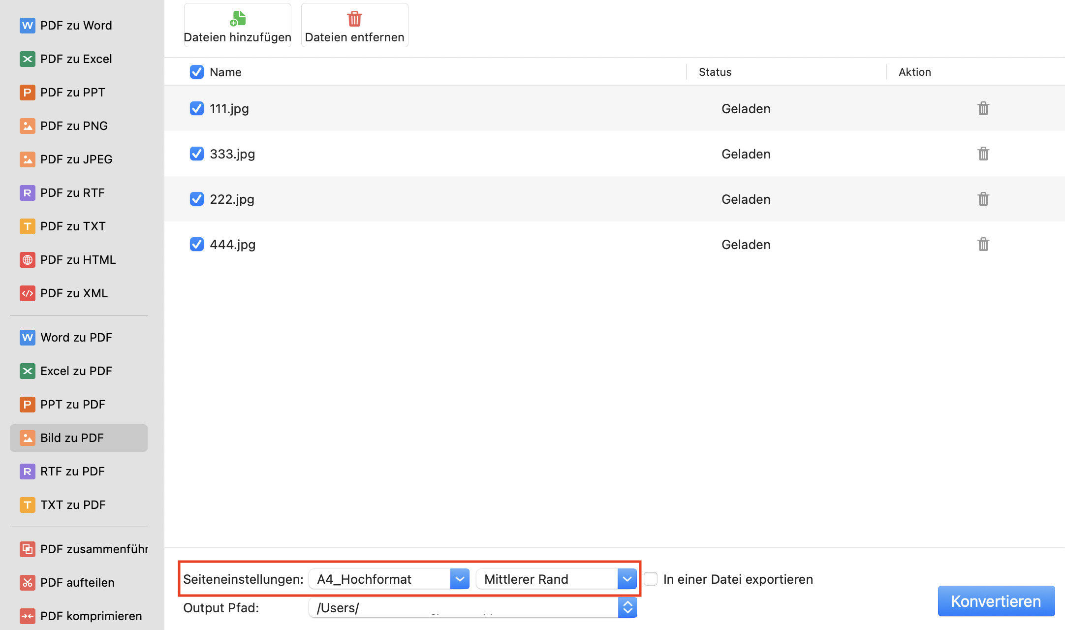Seiteneinstellungen ändern