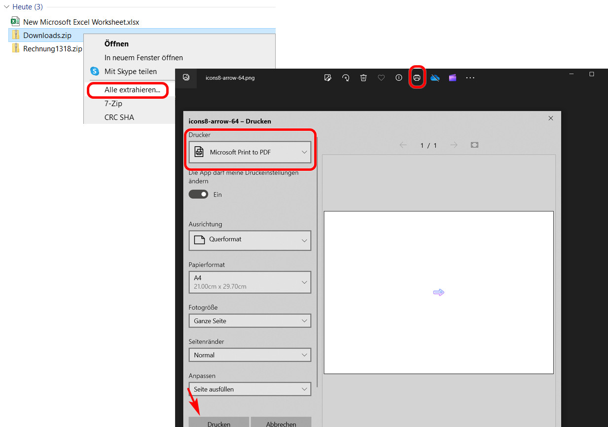 ZIP-Dateien extrahieren und als PDF drucken
