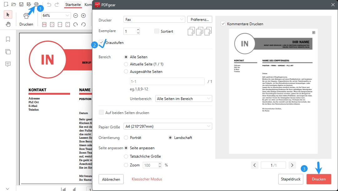 PDF in PDFgear schwarz-weiß drucken