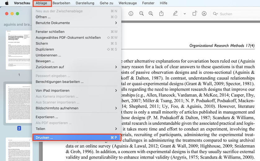 Druckoptionen-Seite aufrufen