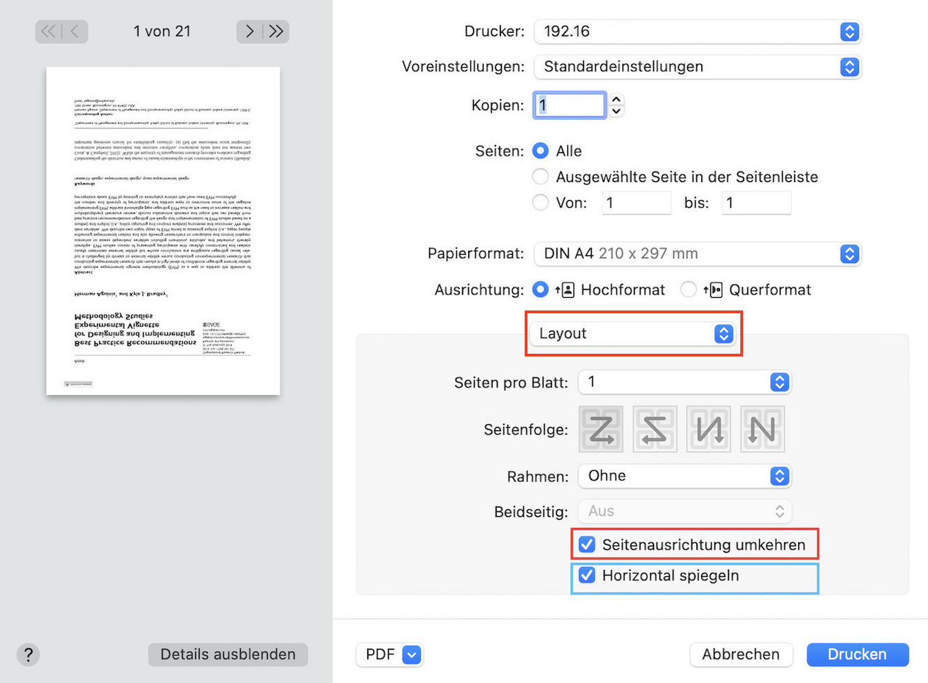 Gespiegelte PDF-Datei drucken